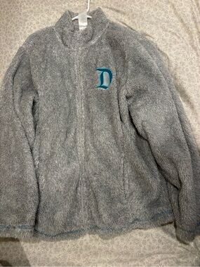 Women's Gray Plush Zip-Up Jacket with Blue 'D' Accent